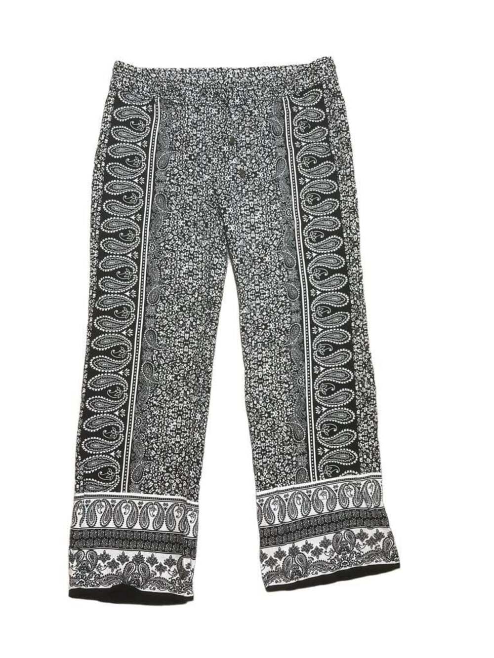 Anne Carson Black and White Paisley and Floral Print Rayon Wide Leg Pants XL